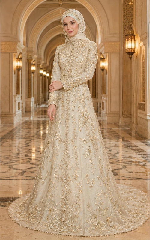 Goldenes muslimisches Hochzeitskleid mit langen Ärmeln, hohem Kragen und Spitze in A-Linie