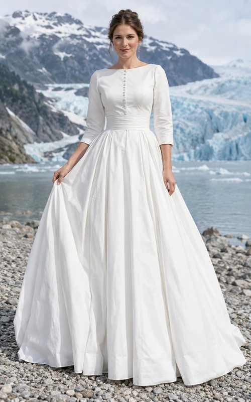 Vestido de novia sencillo de popelina de algodón con escote barco, mangas tres cuartos y botones, corte en A, largo hasta el suelo.
