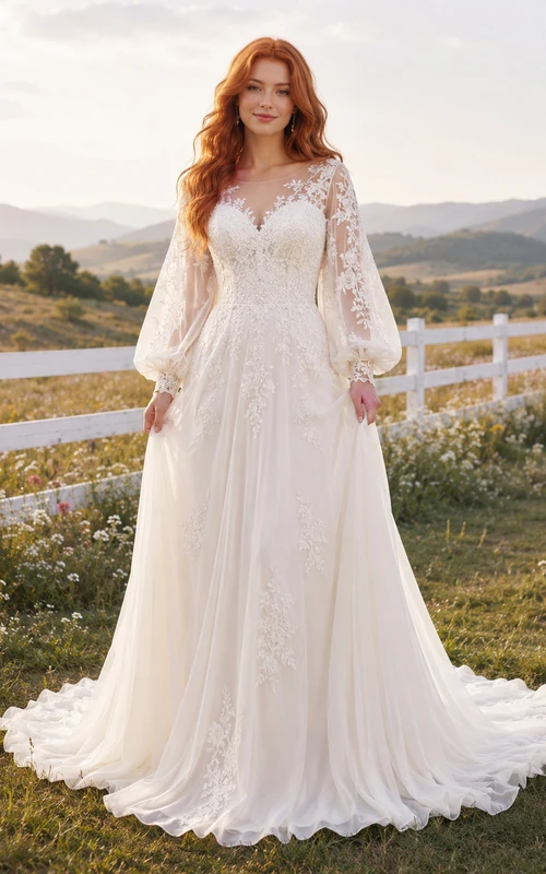 Vestido de novia campestre de gasa y encaje, corte A, escote en V, manga larga, cola capilla, espalda baja en V.