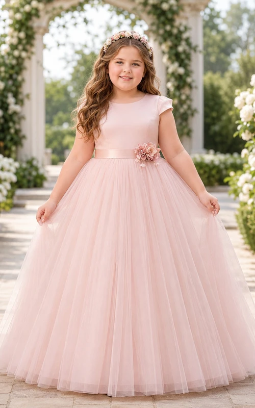 Bodenlanges Tüllkleid mit Spitzenoberteil, A-Linien-Schnitt, kurzen Ärmeln, Rundhalsausschnitt und bodenlangem Rock für Blumenmädchen.