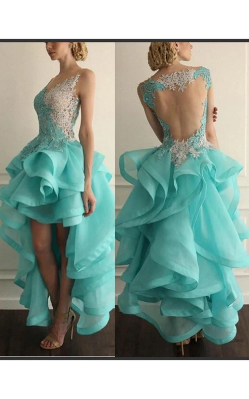Vestido de fiesta sexy sin mangas con volantes y apliques, corte asimétrico.