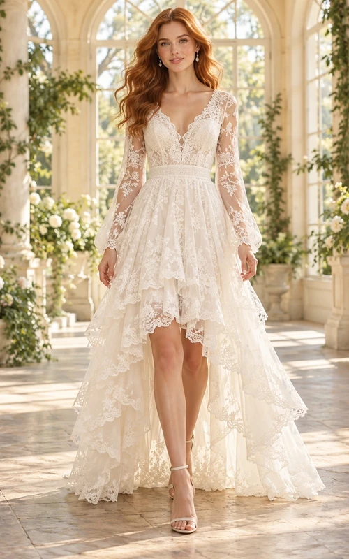 Boho High-low Long Bell Sleeve V-neck Lace A-line Wedding Dress