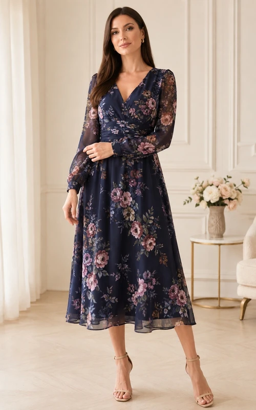 Dunkelblaues Chiffonkleid mit Blumenmuster, V-Ausschnitt, langen Ärmeln und Teelänge