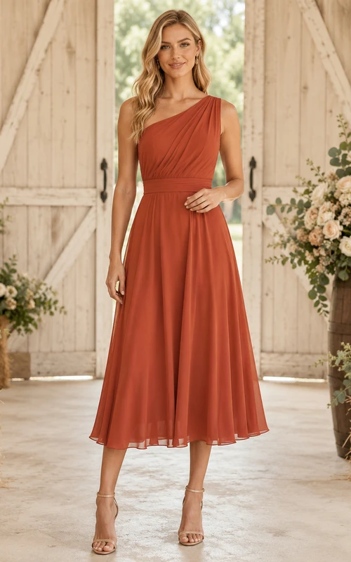 Terracotta One Shoulder Chiffon Tea Length Rustic Guest Dress