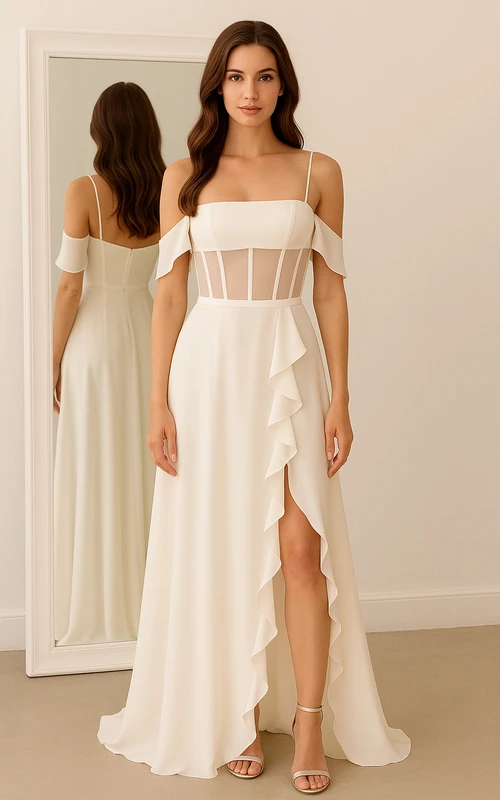 Vestido drapeado de gasa blanca con efecto ilusión y abertura frontal