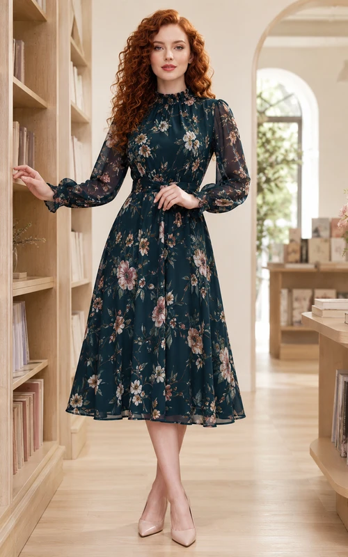 Robe midi bleu marine à fleurs, col montant et manches transparentes, style librairie