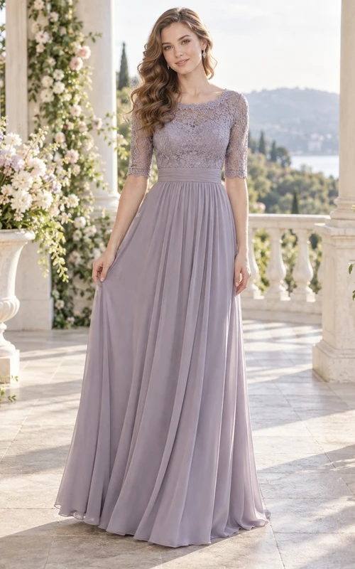 Vestido de dama de honor de gasa con encaje y escote barco, estilo vintage, color malva, modesto, de manga corta.