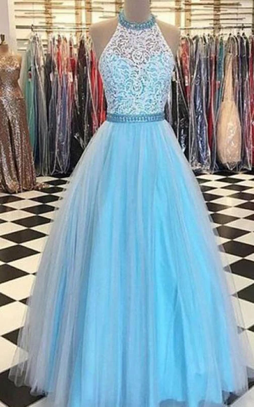 Vestido sin mangas con cuello alto y cremallera, corte en A y encaje de tul.