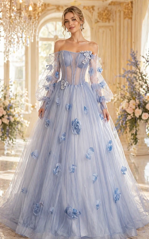 Hellblaues, geblümtes, trägerloses Ballkleid