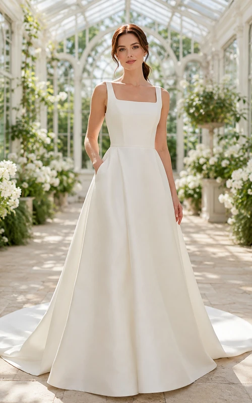 Brautkleid aus Satin, A-Linie, trägerlos, mit Schleppe