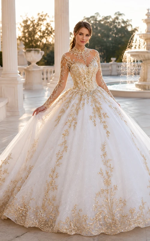 Vestido de fiesta formal de princesa para quinceañera, estilo barco, con mangas largas y modestas, color oro blanco y corte ilusión.