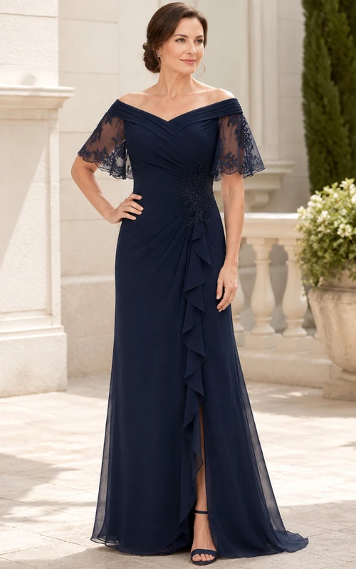 Navy off shoulder chiffon gown with cascading ruffle slit