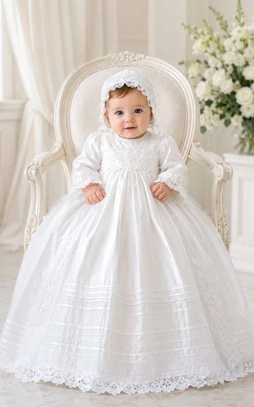Classic Modest Baby Baptism Christening Ceremony Gown A-Line Floor-Length Jewel Neck Puff Sleeve Satin Lace Bow Back Button Back
