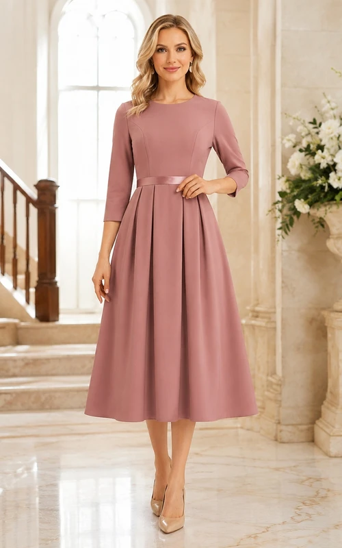Vestido elegante color malva de corte A, manga tres cuartos, plisado, ideal para invitadas a la iglesia.