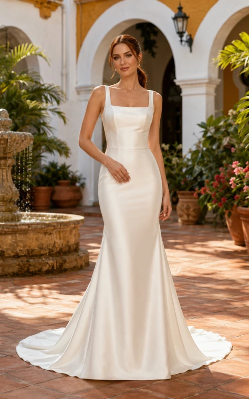Robe de mariée sirène moderne en satin à bretelles carrées et col colonial, style colonial