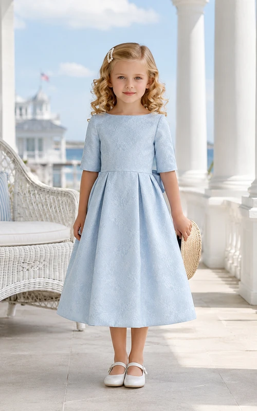 A-Line Old Money Flower Girl Dress with Cap Sleeves, Structured Bodice, Tea-Length Full Skirt, Natural Waist, Estate Formal Style