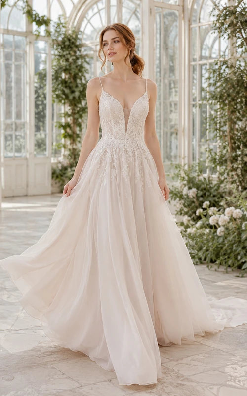 Robe de mariée en mousseline de soie polie et dentelle, décolleté plongeant en V, sans manches, coupe trapèze, traîne chapelle, dos nu plongeant en V