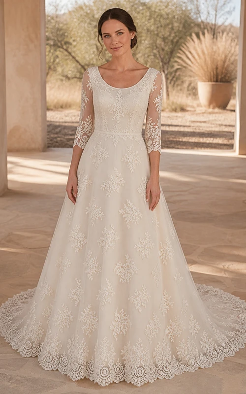 Vestido de novia modesto de corte A con escote redondo y mangas tres cuartos, largo hasta el suelo.