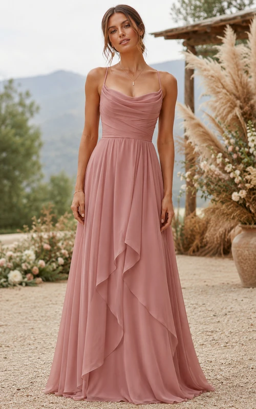 Vestido de gasa color rosa empolvado con volantes y corte en A