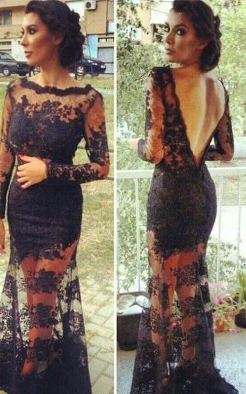 Robe de soirée sirène en dentelle, dos nu, manches longues, noire