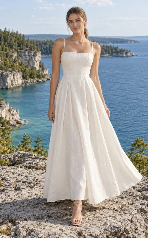 Brautkleid aus Leinenmischung mit eckigem Ausschnitt, Spaghettiträgern und knöchellangem A-Linien-Rock