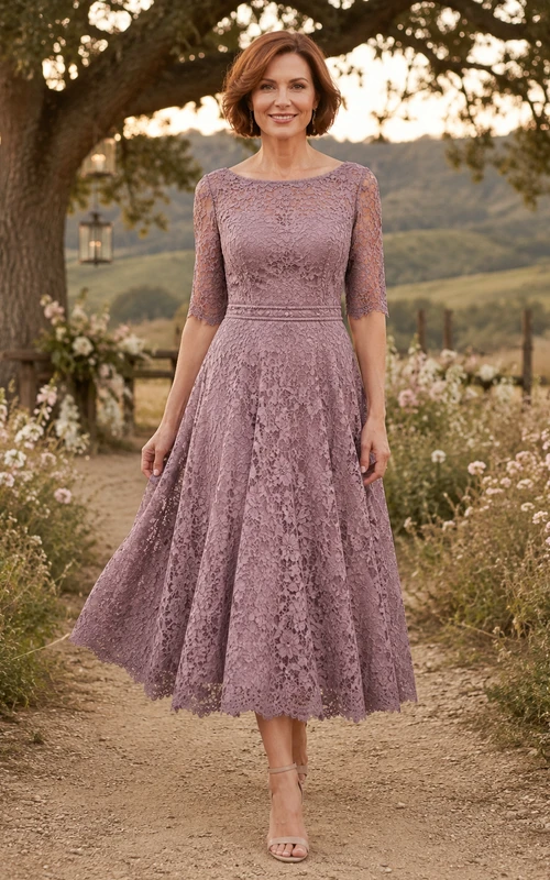 Vintage-Kleid in Mauve, schlichtes U-Boot-Ausschnitt-Kleid mit halben Ärmeln, floraler Spitze, A-Linie, Teelänge, Landhausstil, festliches Kleid für die Mutter des Bräutigams
