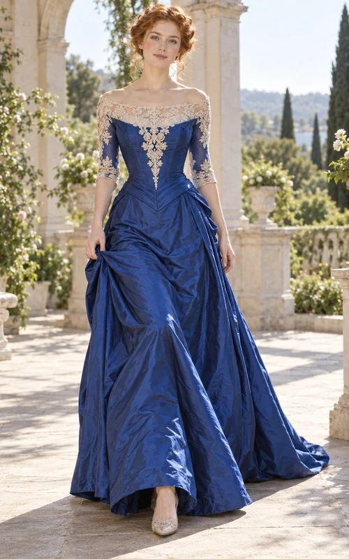 Vintage Edwardian Blue Bateau Lace Sleeve Draped Satin Formal Evening Gown