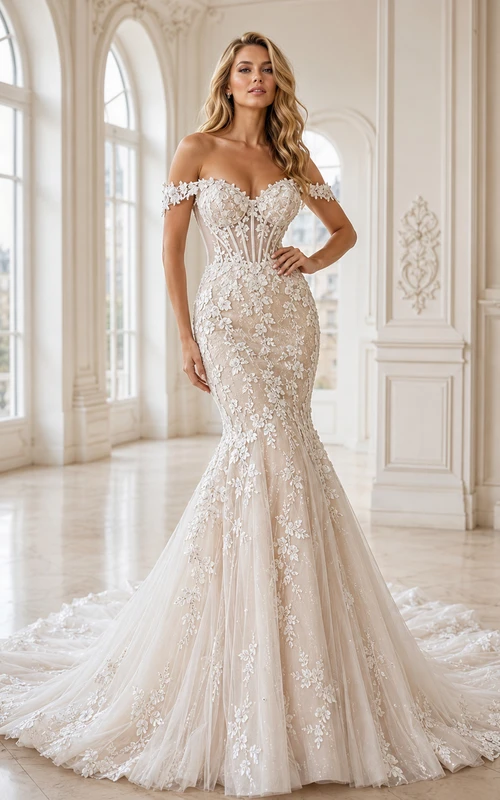 Robe de mariée sirène en dentelle féminine, décolleté cœur, manches courtes, traîne chapelle, ornée d'appliques. Galerie d'appliqués.