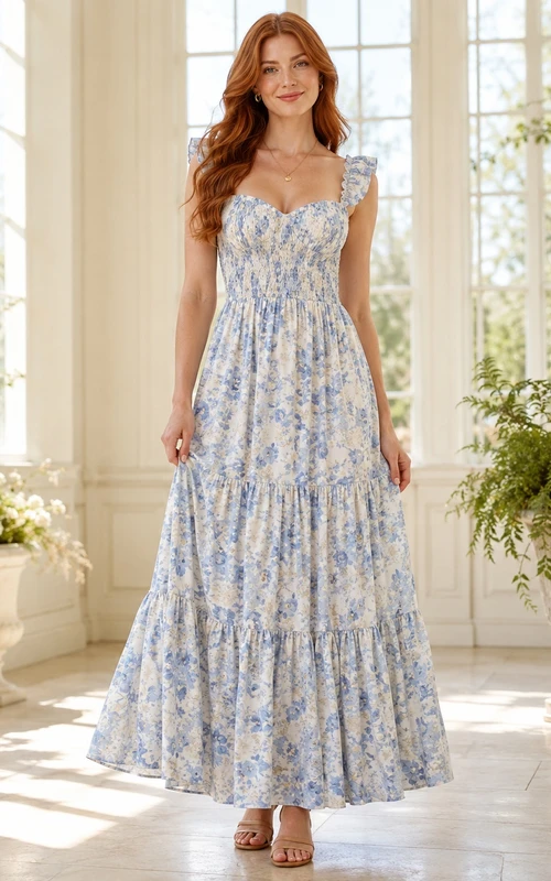 Blaues, geblümtes, gerüschtes A-Linien-Kleid mit Stufenrock und knöchellangem Rock für Gartengäste