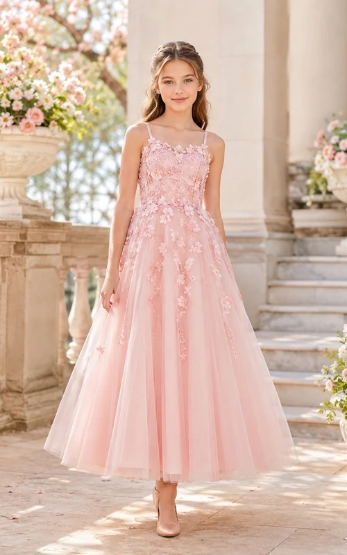 Rosafarbenes Brautjungfernkleid, A-Linie, Spaghettiträger, ärmellos, wadenlang, Tüll, floral, romantisch