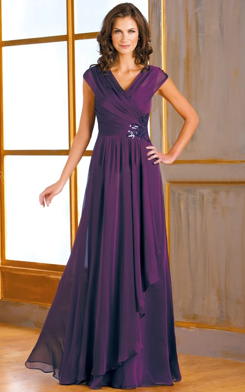 Cap-Sleeved V-Neck A-Line Mother Of The Bride Dress With Side Sequins And Ruffles