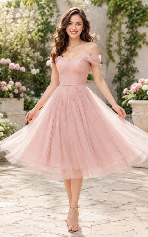 Vestido de cóctel romántico vintage de tul rosa perla con hombros descubiertos, corte en A, largo hasta la rodilla, estilo ballet.