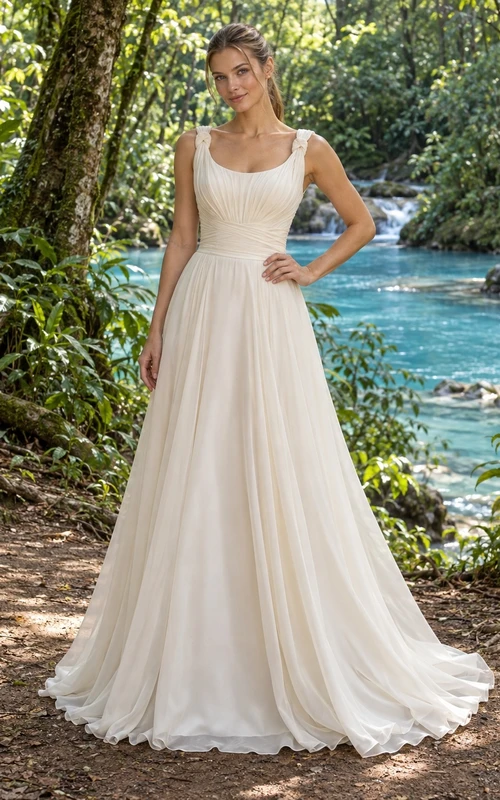 Schlichtes Chiffon-Brautkleid mit U-Boot-Ausschnitt, plissiertem Oberteil und voluminöser A-Linien-Schleppe