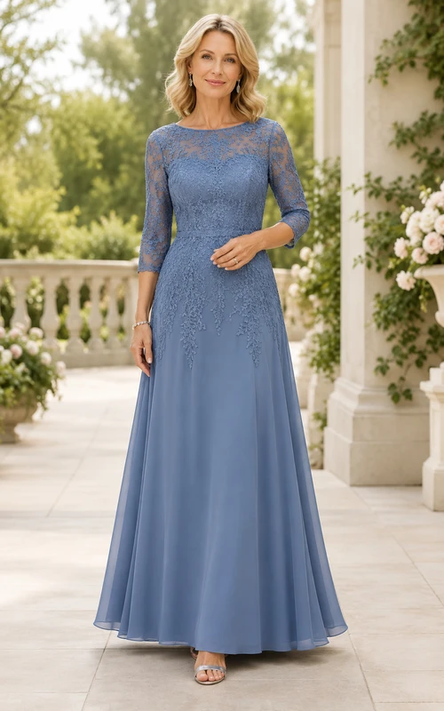 Dusty Blue Lace Bodice A-Line Mother Dress with Keyhole Back