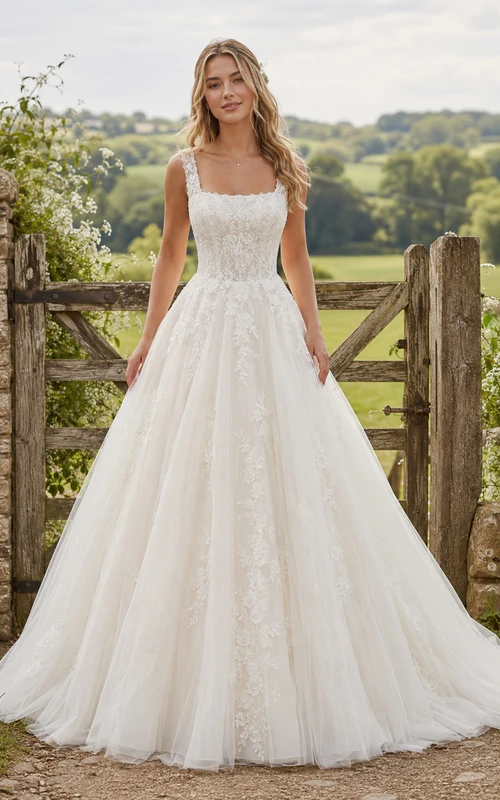 Country Square Tulle A-line Wedding Dress with Lace
