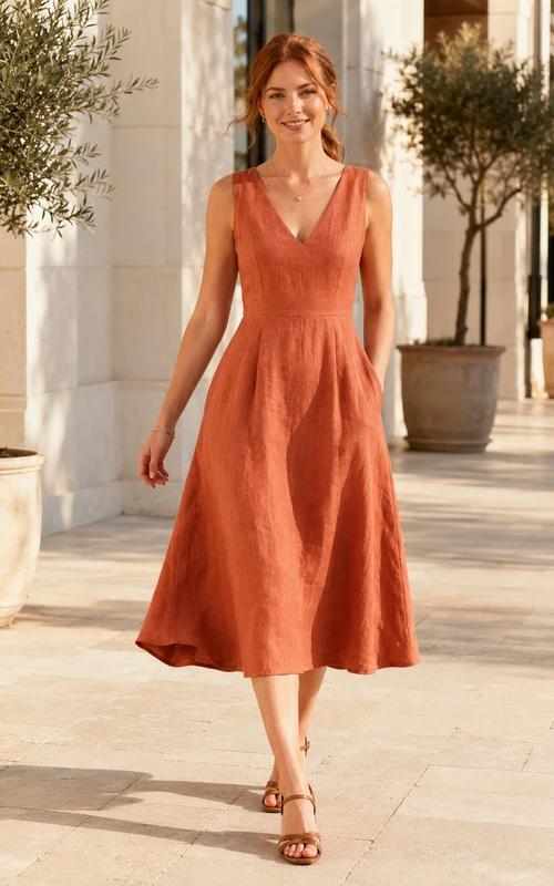 Terracotta Linen Sleeveless V Neck A Line Weekend Dress