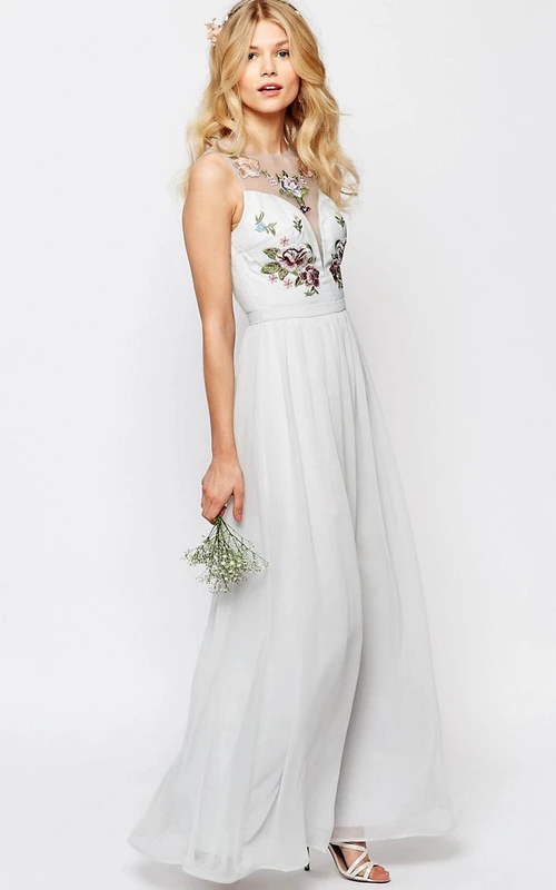 Knöchellanges, ärmelloses, besticktes Chiffon-Brautjungfernkleid mit Rundhalsausschnitt