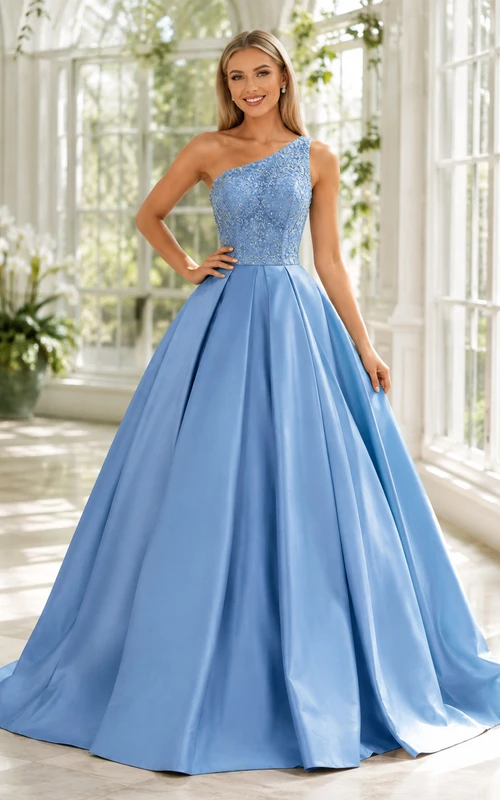 Himmelblaues, einseitig schulterfreies, besticktes, plissiertes Satin-Luxus-Ballkleid