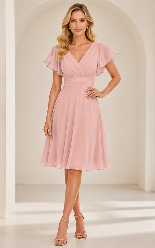 Vestido de cóctel de corte A con escote en V y mangas con volantes en color rosa empolvado