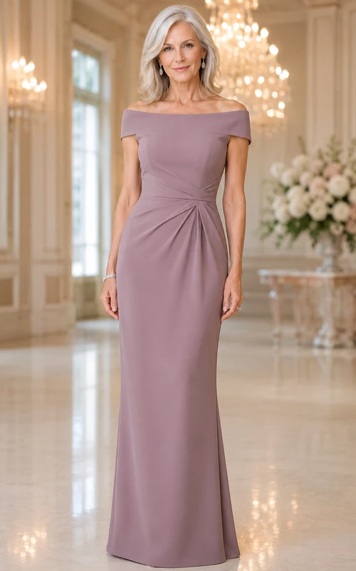 MOB Kleid, mauvefarbenes Etuikleid aus Stretch-Satin, kurze Ärmel, schulterfrei, bodenlang, drapiert