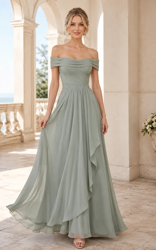 Sage Off Shoulder Chiffon A-Line Formal Dress