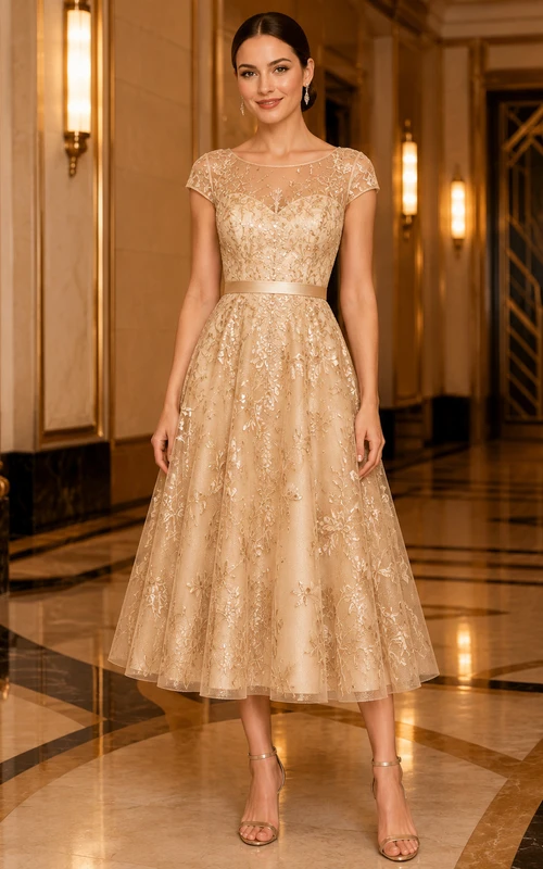 Luxury Gold Sequin Prom A Line Tea Length Scoop Neck Cap Sleeve Dress