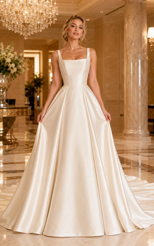 Champagne Square Neck Satin Hotel Ball Gown Bridal Dress