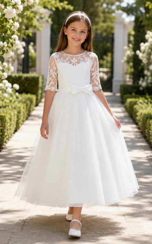 Weißes Tüllkleid mit Illusionsspitze, kurzen Ärmeln und Tee- bzw. Kommunionskleid