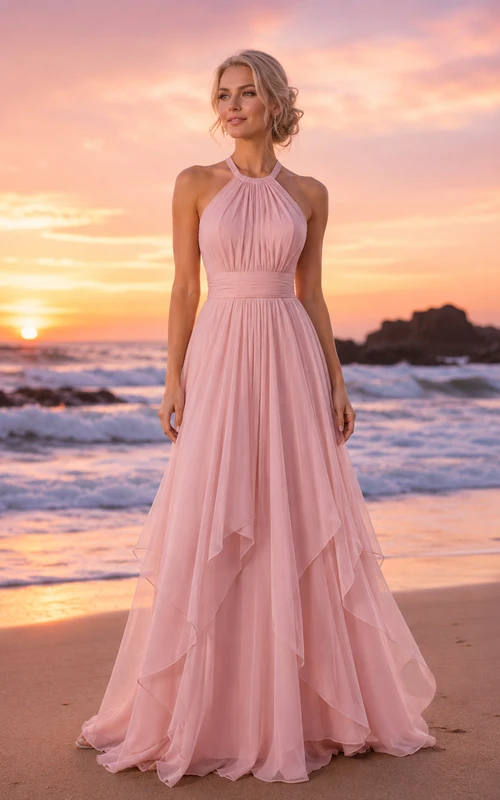 Blush Halter Keyhole Tiered Chiffon Beach Bridal Dress