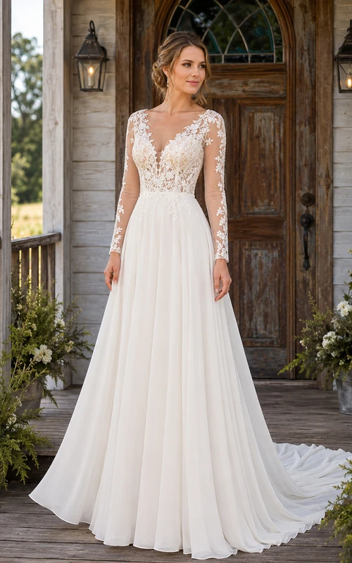 Robe de mariée rustique en mousseline de soie, col en V, manches longues illusion en dentelle, coupe trapèze, dos nu plongeant, manches longues en dentelle illusion et décolleté en V profond.