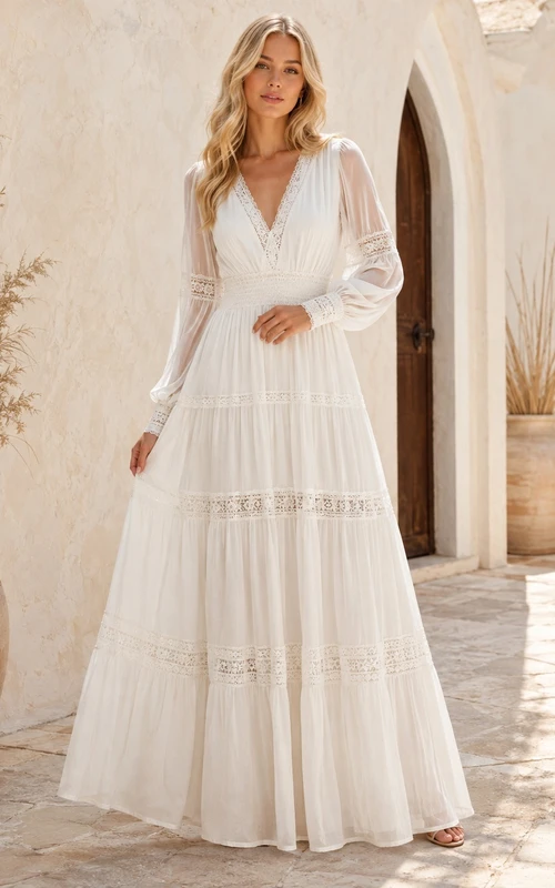 Romantic Bohemian Chiffon Lace V-Neck Long Sleeve A-Line Floor-Length Wedding Dress