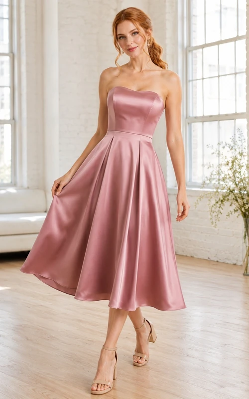 Robe midi romantique en satin rose poudré sans bretelles, coupe trapèze, longueur thé
