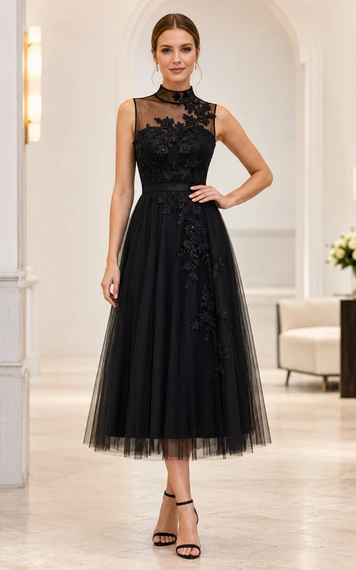 Vestido de invitada negro de cuello alto, encaje ilusión y tul, largo hasta la rodilla