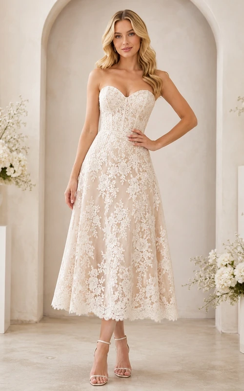 Ivory Lace Strapless Sweetheart A-Line Tea Length Bridesmaid Cocktail Dress